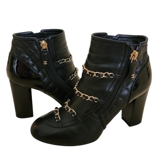 Chanel Leather Black Ankle Boots Quilted 2017 Interlocking CC Logo 5.5 36 G33028 - Picture 1 of 11